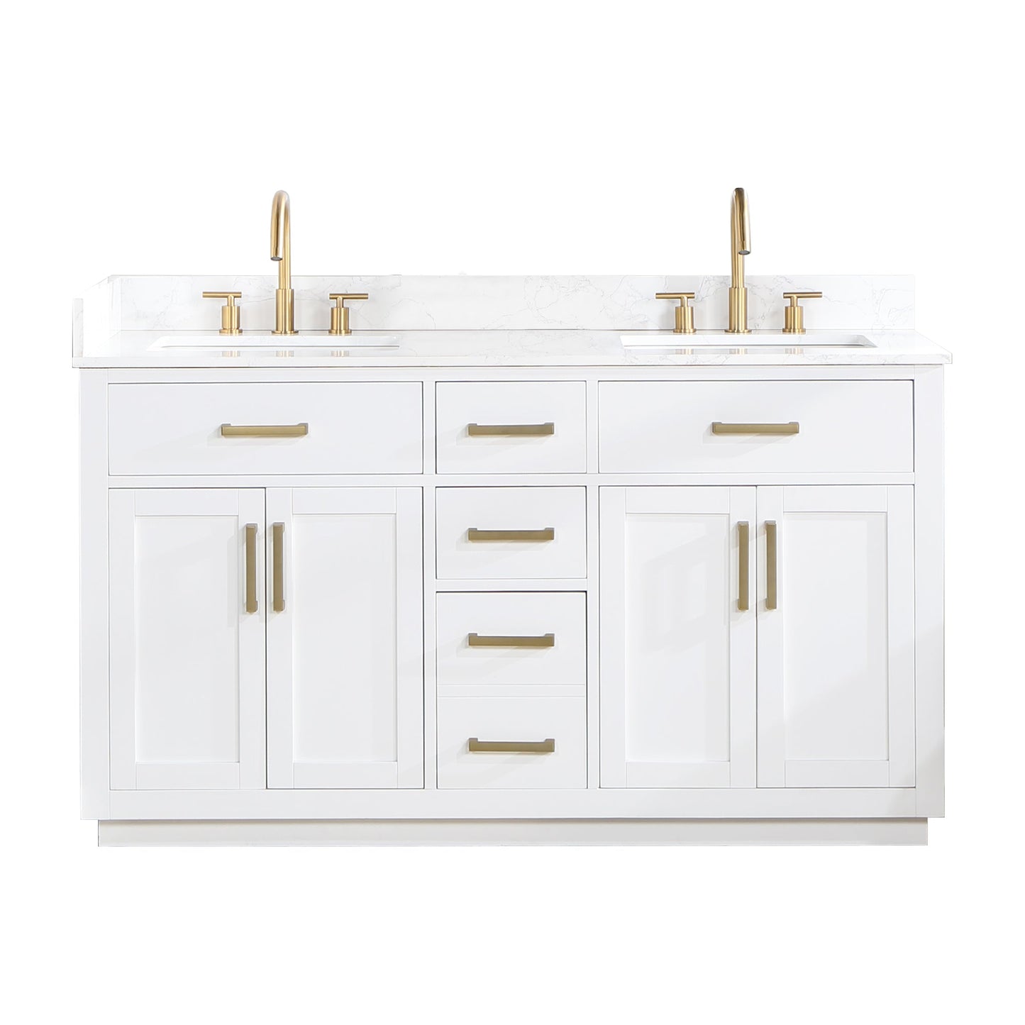 Gavino 60" Double Bathroom Vanity in White with Grain White Engineered Stone Countertop without Mirror
