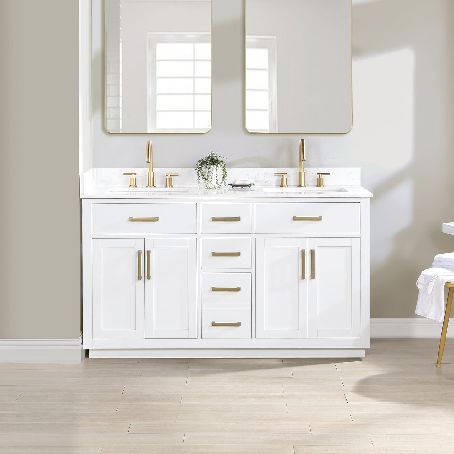 Gavino 60" Double Bathroom Vanity in White with Grain White Engineered Stone Countertop without Mirror