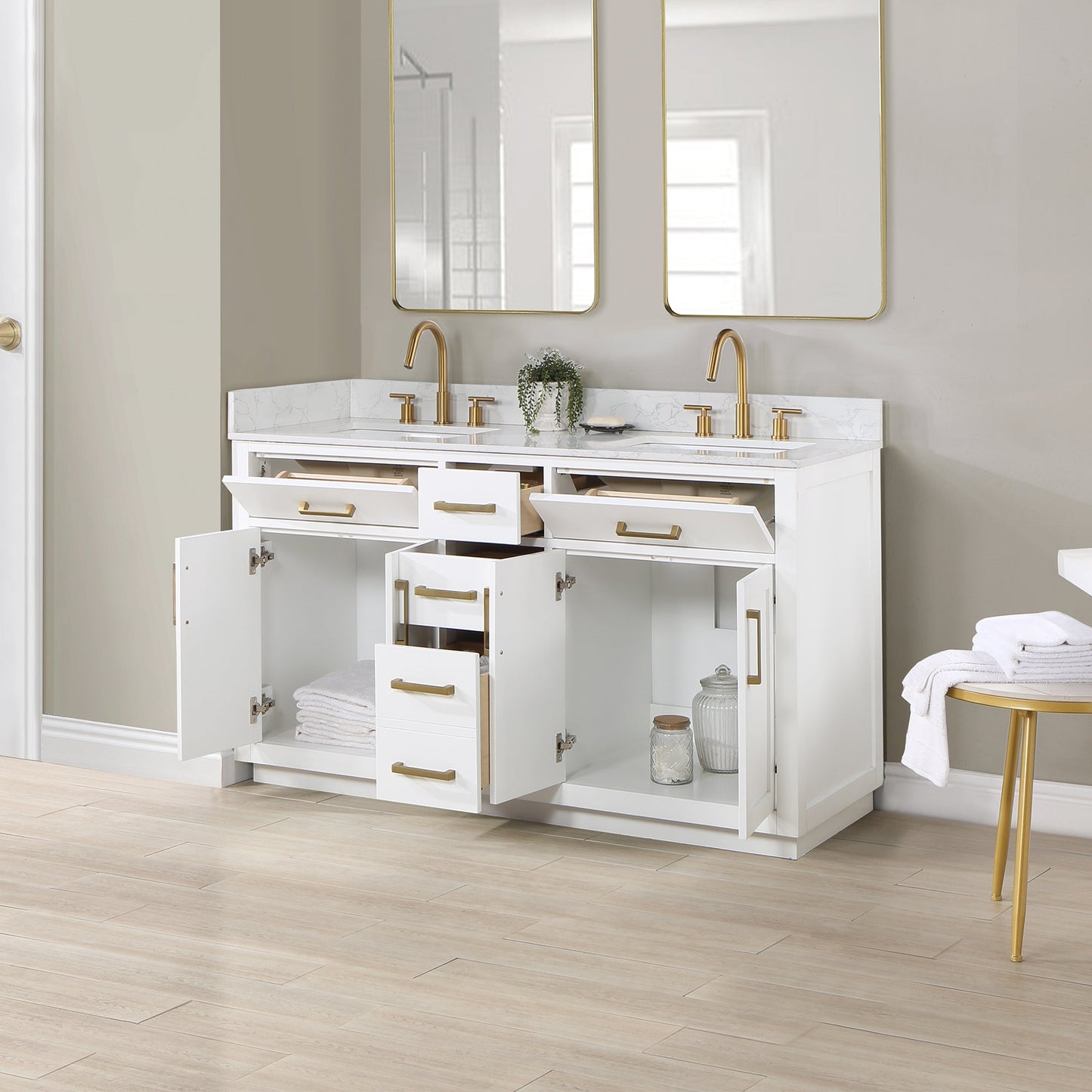 Gavino 60" Double Bathroom Vanity in White with Grain White Engineered Stone Countertop without Mirror