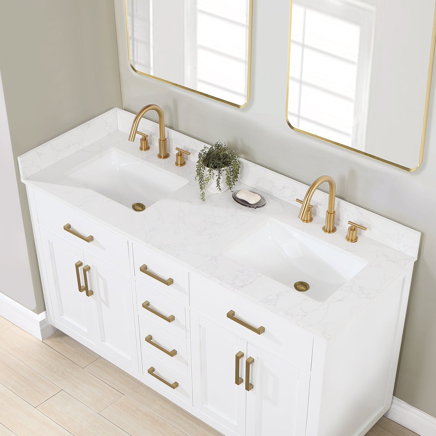Gavino 60" Double Bathroom Vanity in White with Grain White Engineered Stone Countertop without Mirror