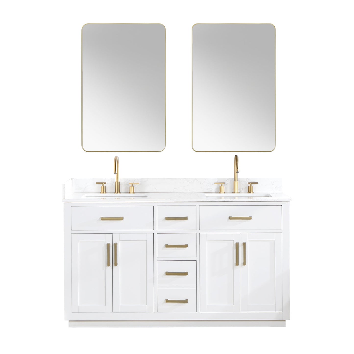 Gavino 60" Double Bathroom Vanity in White with Grain White Engineered Stone Countertop with Mirror