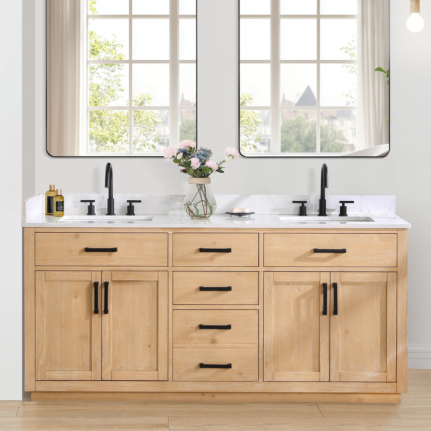 Gavino 72" Double Bathroom Vanity in Light Brown with Grain White Engineered Stone Countertop without Mirror