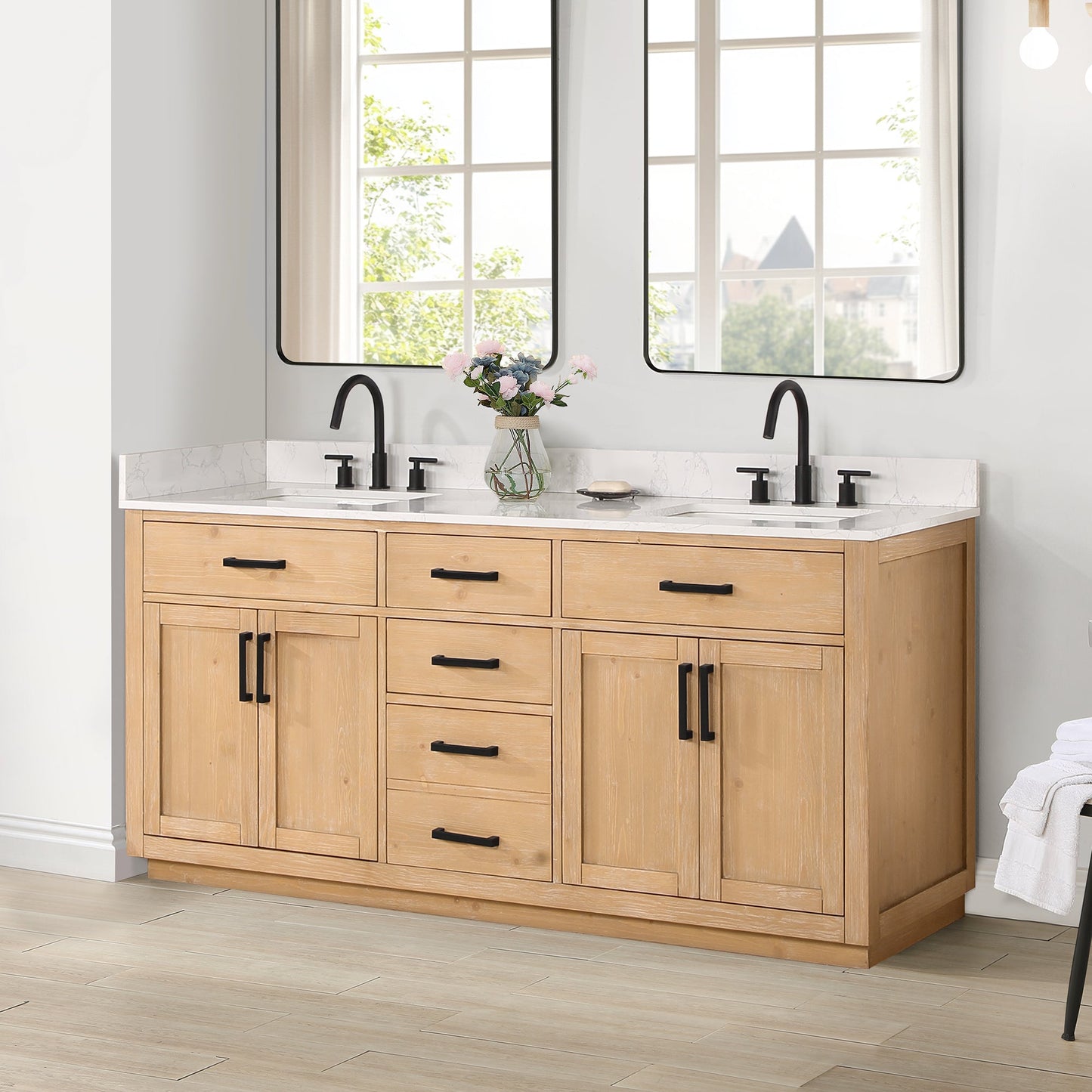 Gavino 72" Double Bathroom Vanity in Light Brown with Grain White Engineered Stone Countertop without Mirror