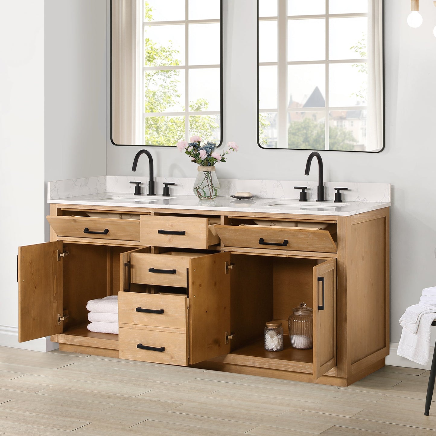 Gavino 72" Double Bathroom Vanity in Light Brown with Grain White Engineered Stone Countertop without Mirror