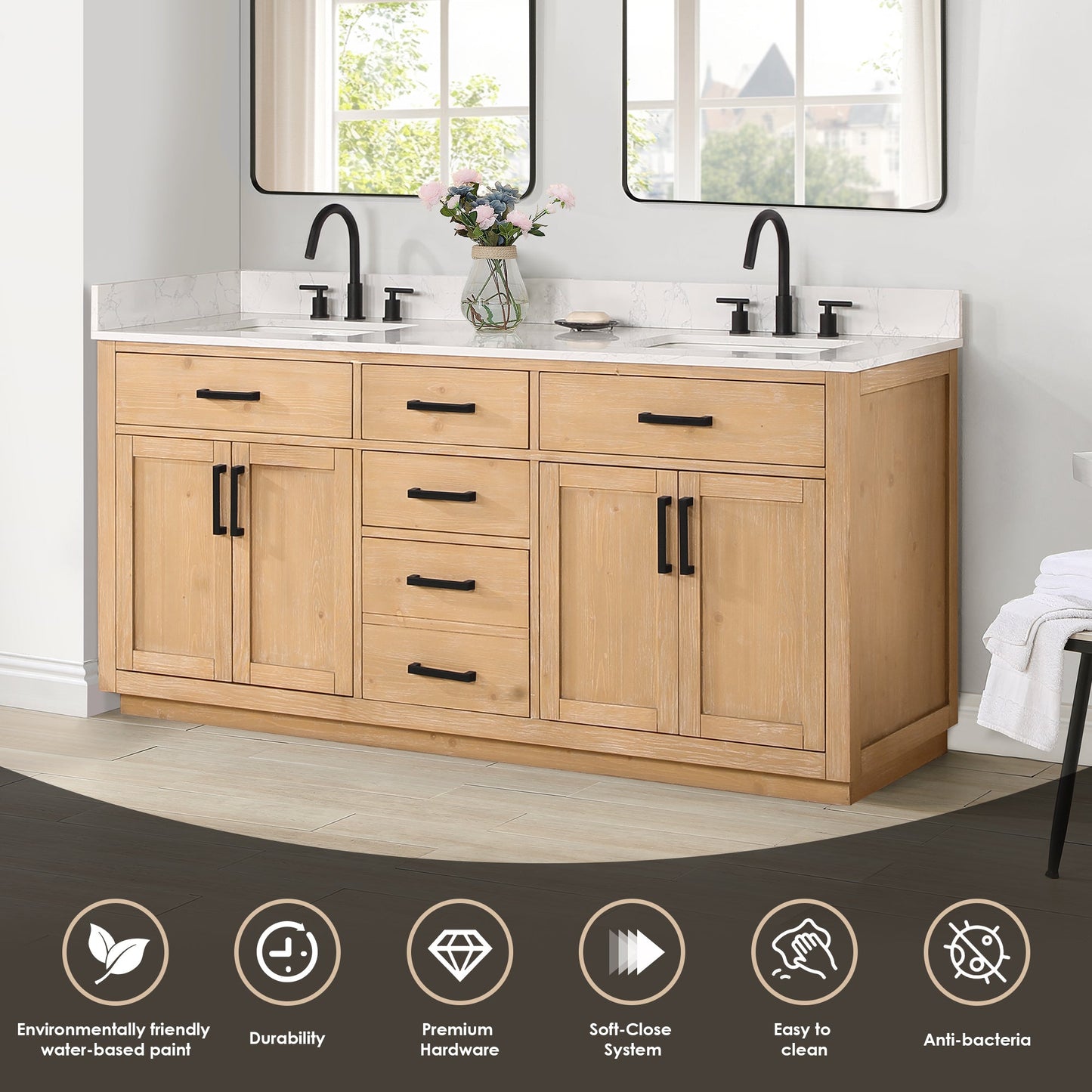 Gavino 72" Double Bathroom Vanity in Light Brown with Grain White Engineered Stone Countertop without Mirror
