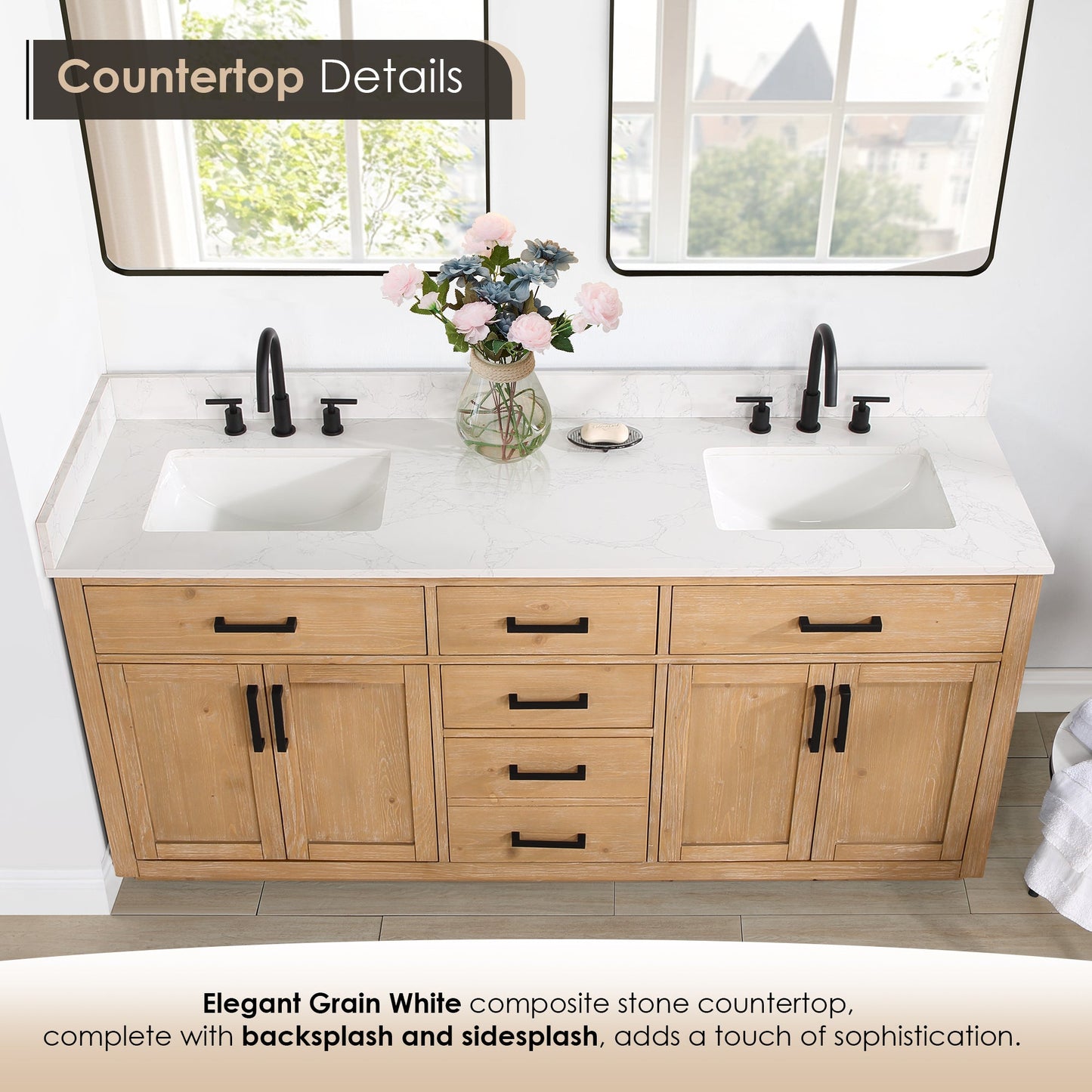 Gavino 72" Double Bathroom Vanity in Light Brown with Grain White Engineered Stone Countertop without Mirror