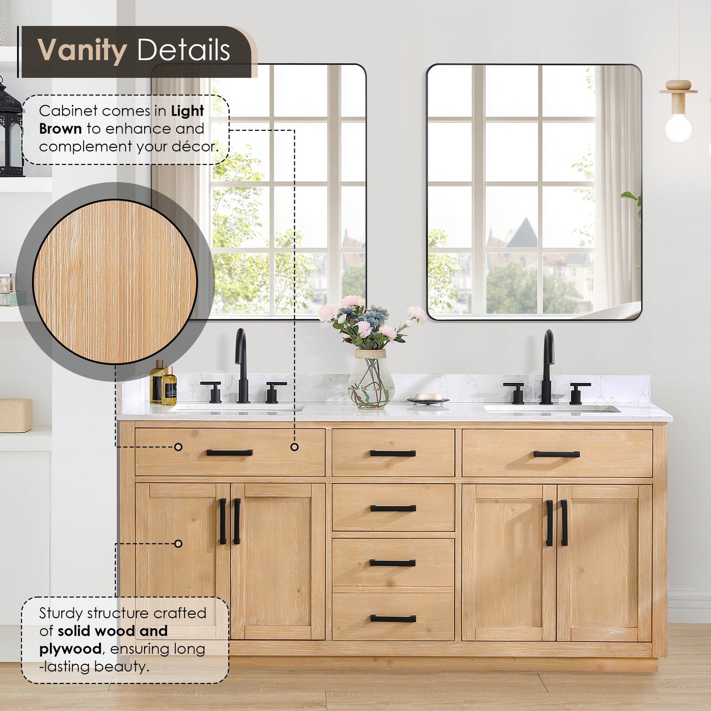 Gavino 72" Double Bathroom Vanity in Light Brown with Grain White Engineered Stone Countertop without Mirror