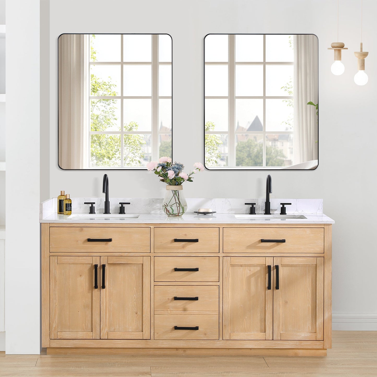 Gavino 72" Double Bathroom Vanity in Light Brown with Grain White Engineered Stone Countertop with Mirror