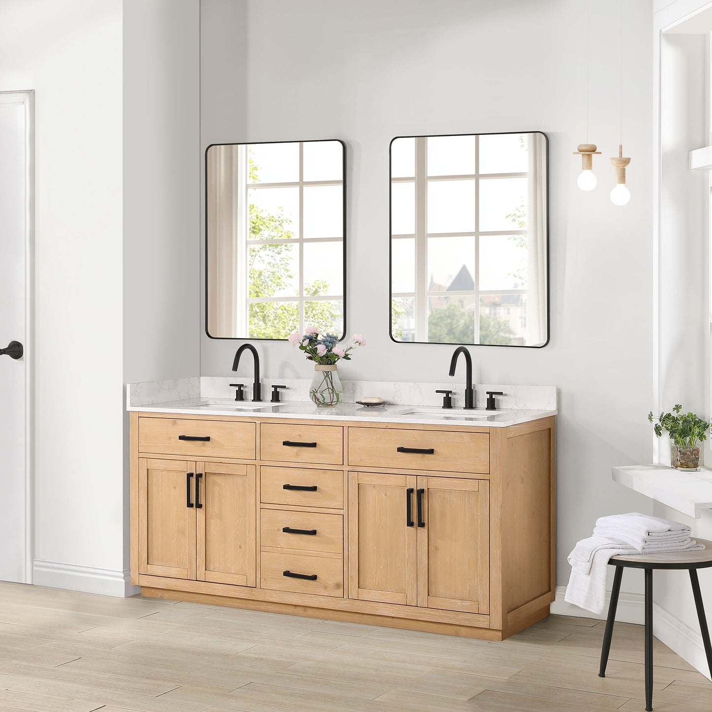 Gavino 72" Double Bathroom Vanity in Light Brown with Grain White Engineered Stone Countertop with Mirror