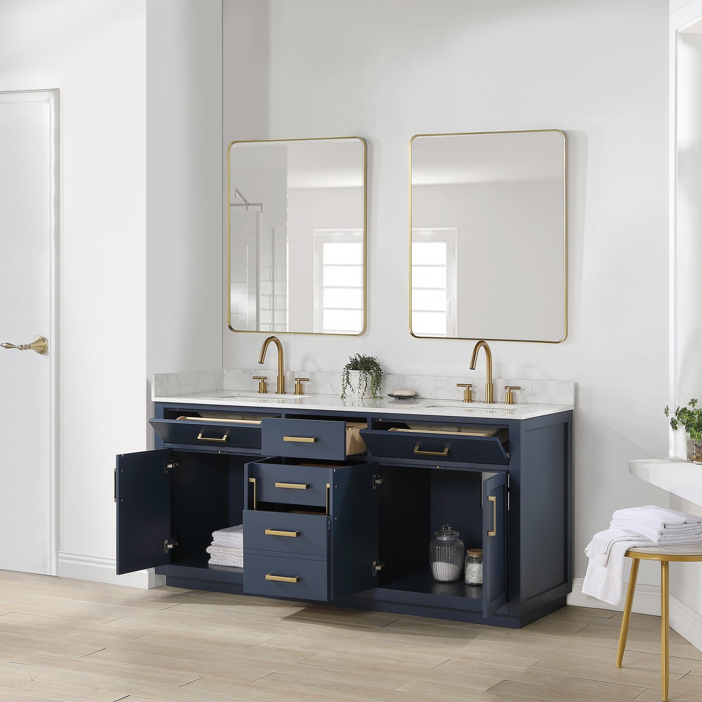 Gavino 72" Double Bathroom Vanity in Royal Blue with Grain White Engineered Stone Countertop with Mirror
