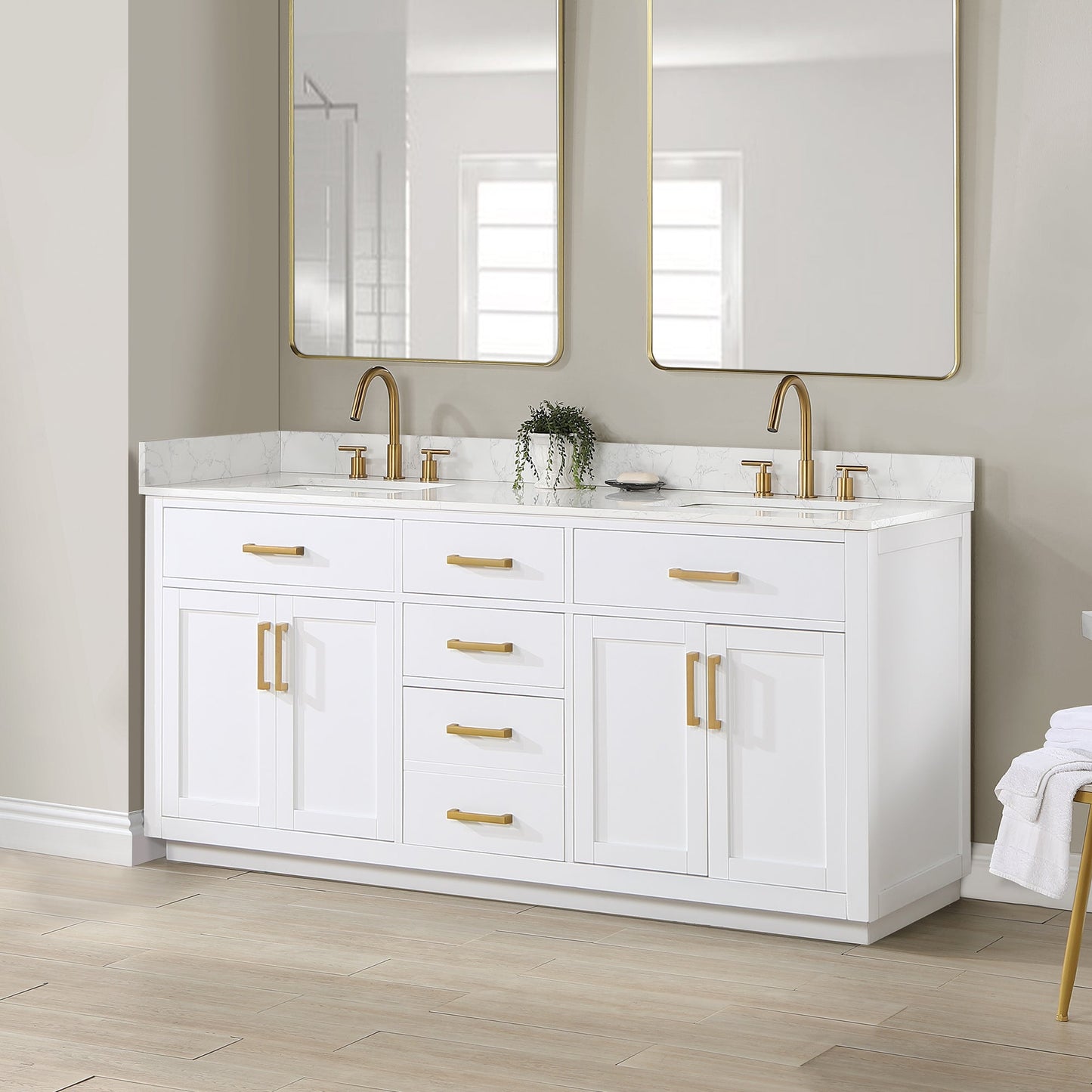 Gavino 72" Double Bathroom Vanity in White with Grain White Engineered Stone Countertop without Mirror