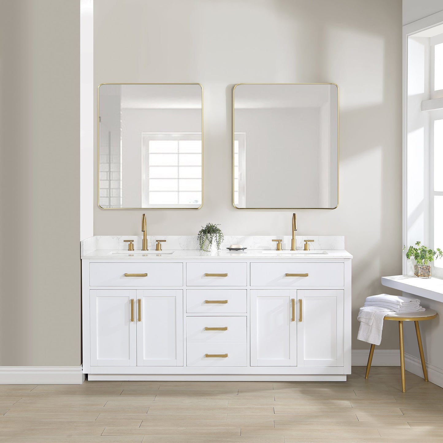 Gavino 72" Double Bathroom Vanity in White with Grain White Engineered Stone Countertop with Mirror