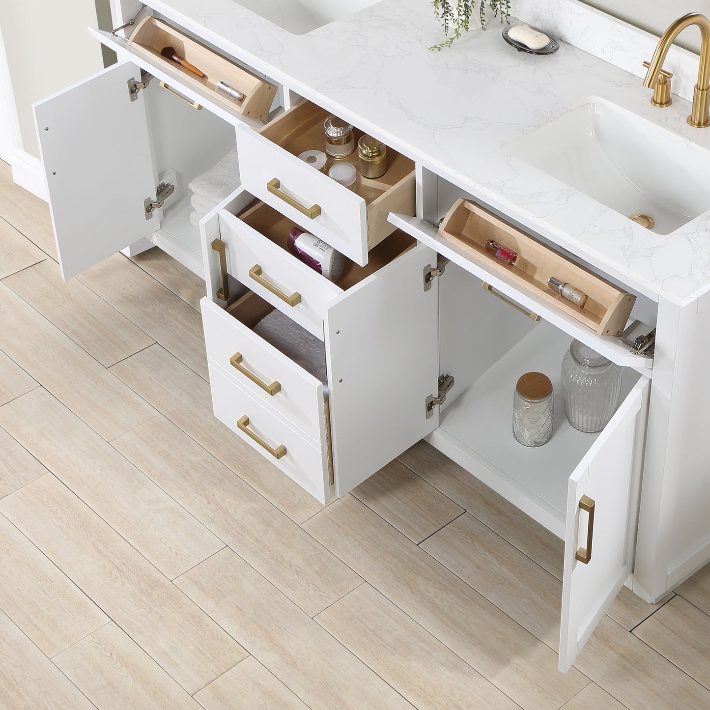 Gavino 72" Double Bathroom Vanity in White with Grain White Engineered Stone Countertop with Mirror