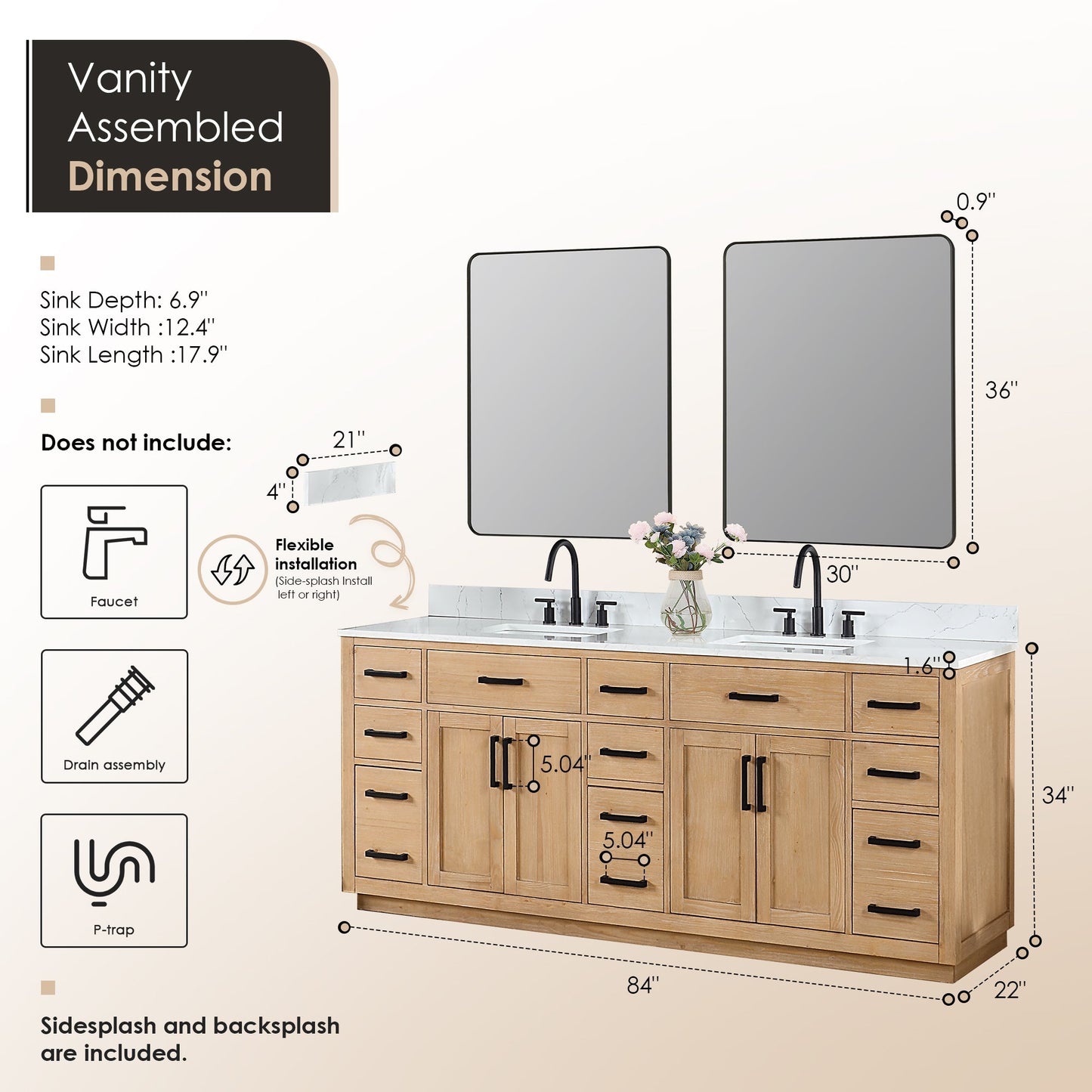 Gavino 84" Double Bathroom Vanity in Light Brown with Grain White Engineered Stone Countertop with Mirror