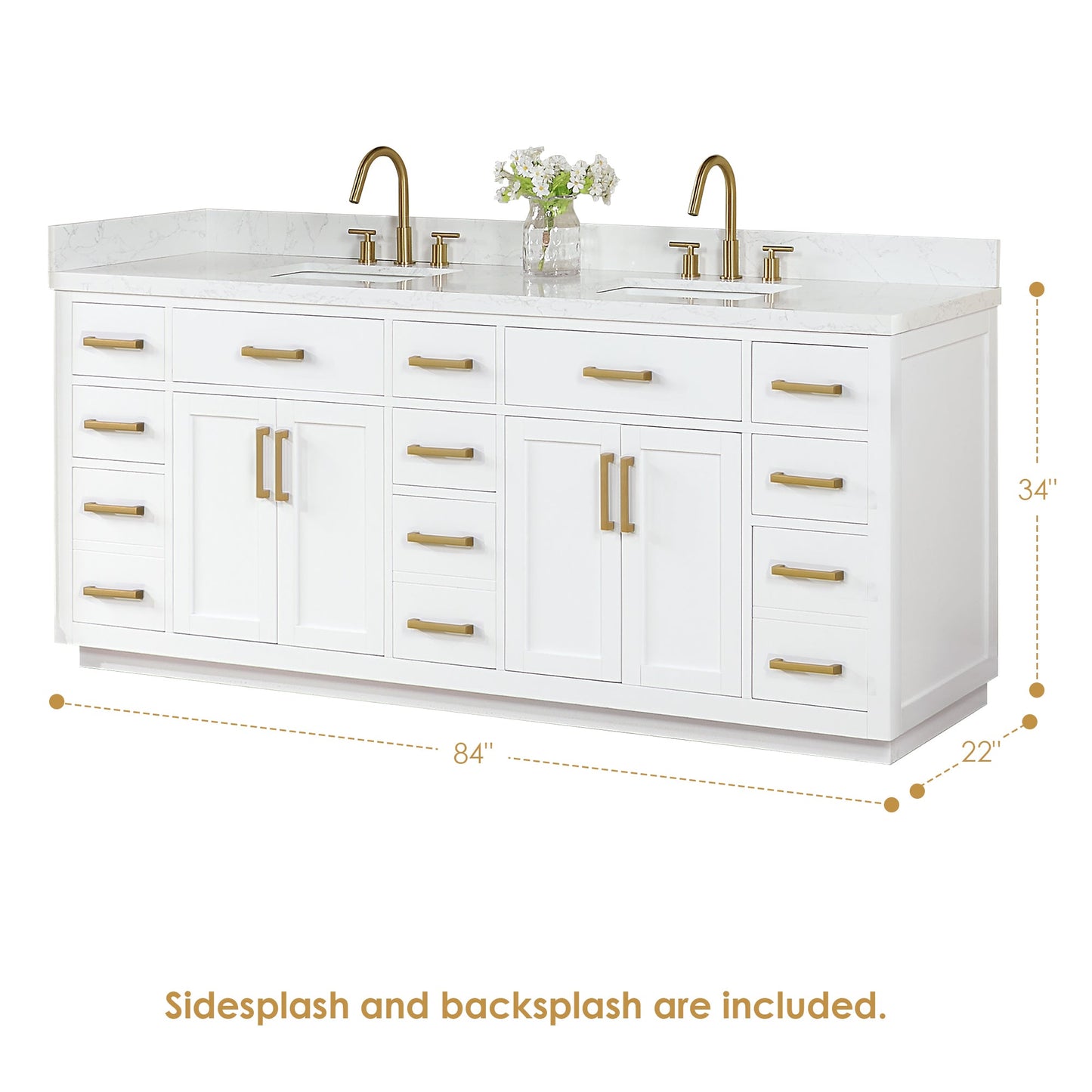 Gavino 84" Double Bathroom Vanity in White with Grain White Engineered Stone Countertop without Mirror