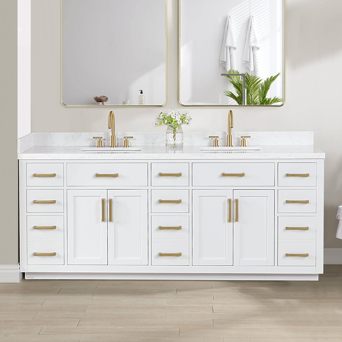 Gavino 84" Double Bathroom Vanity in White with Grain White Engineered Stone Countertop without Mirror