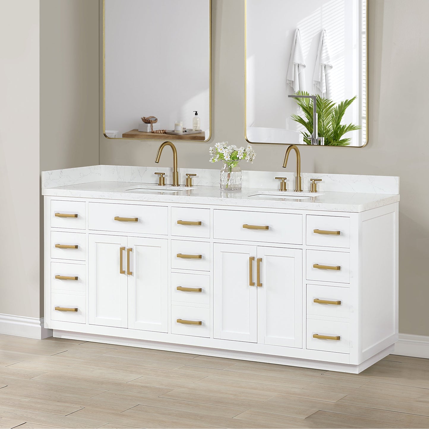 Gavino 84" Double Bathroom Vanity in White with Grain White Engineered Stone Countertop without Mirror