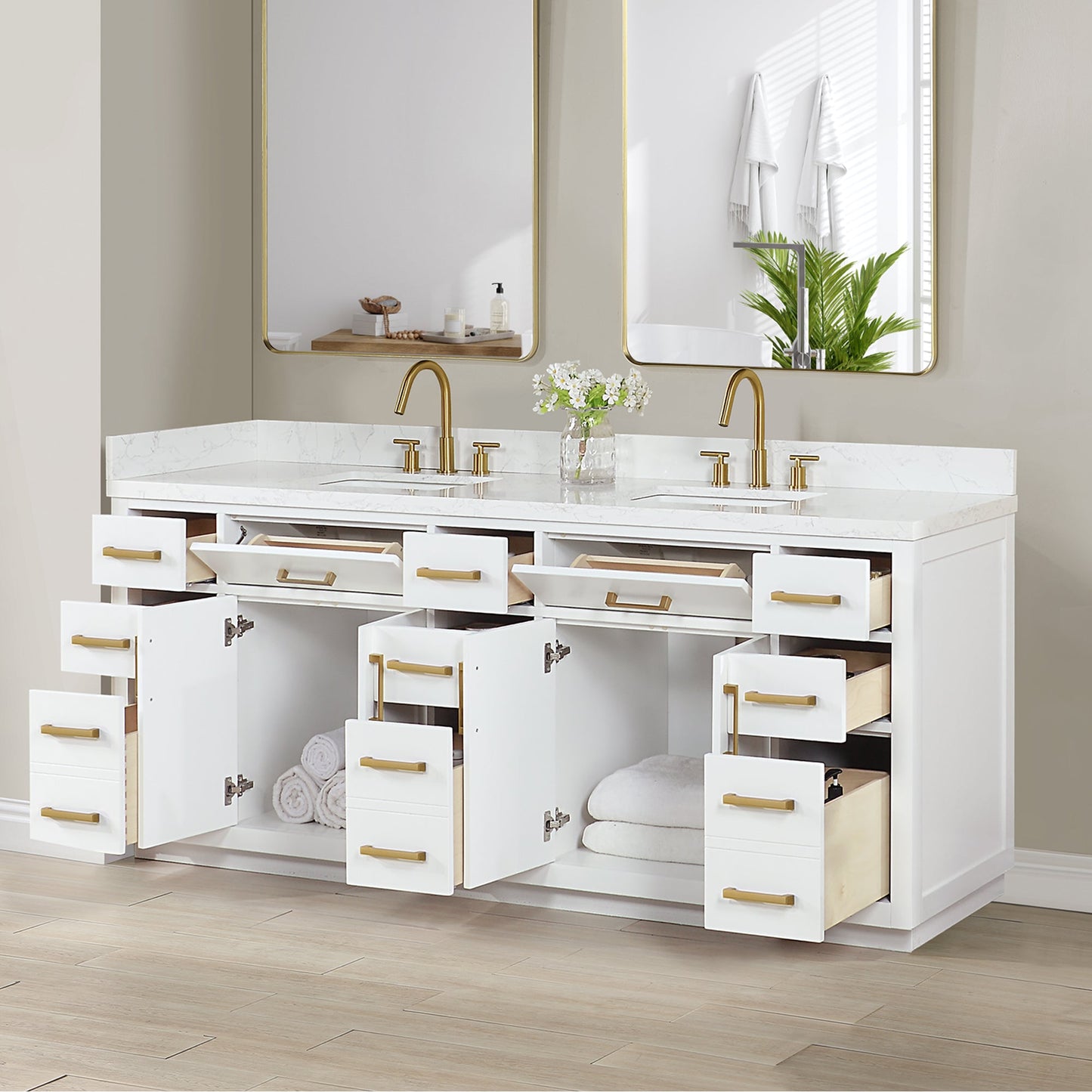 Gavino 84" Double Bathroom Vanity in White with Grain White Engineered Stone Countertop without Mirror