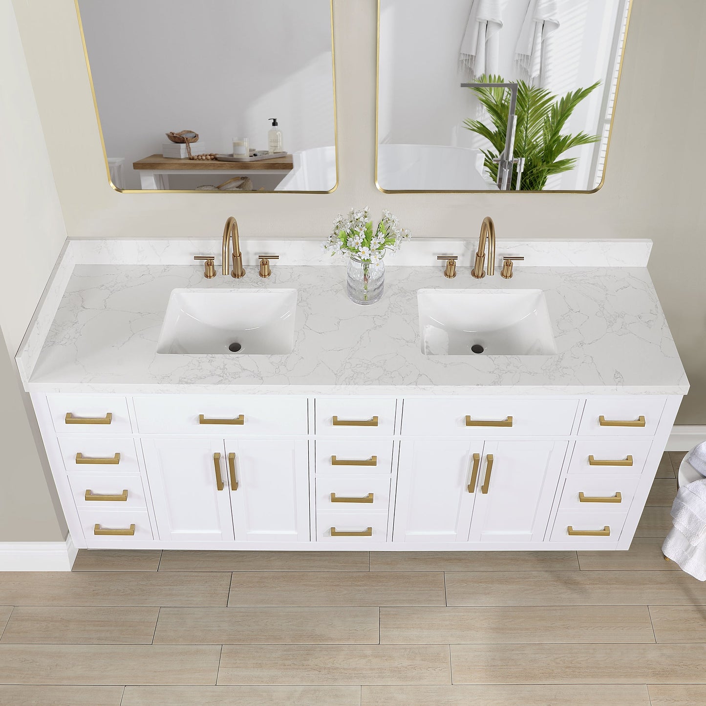 Gavino 84" Double Bathroom Vanity in White with Grain White Engineered Stone Countertop without Mirror