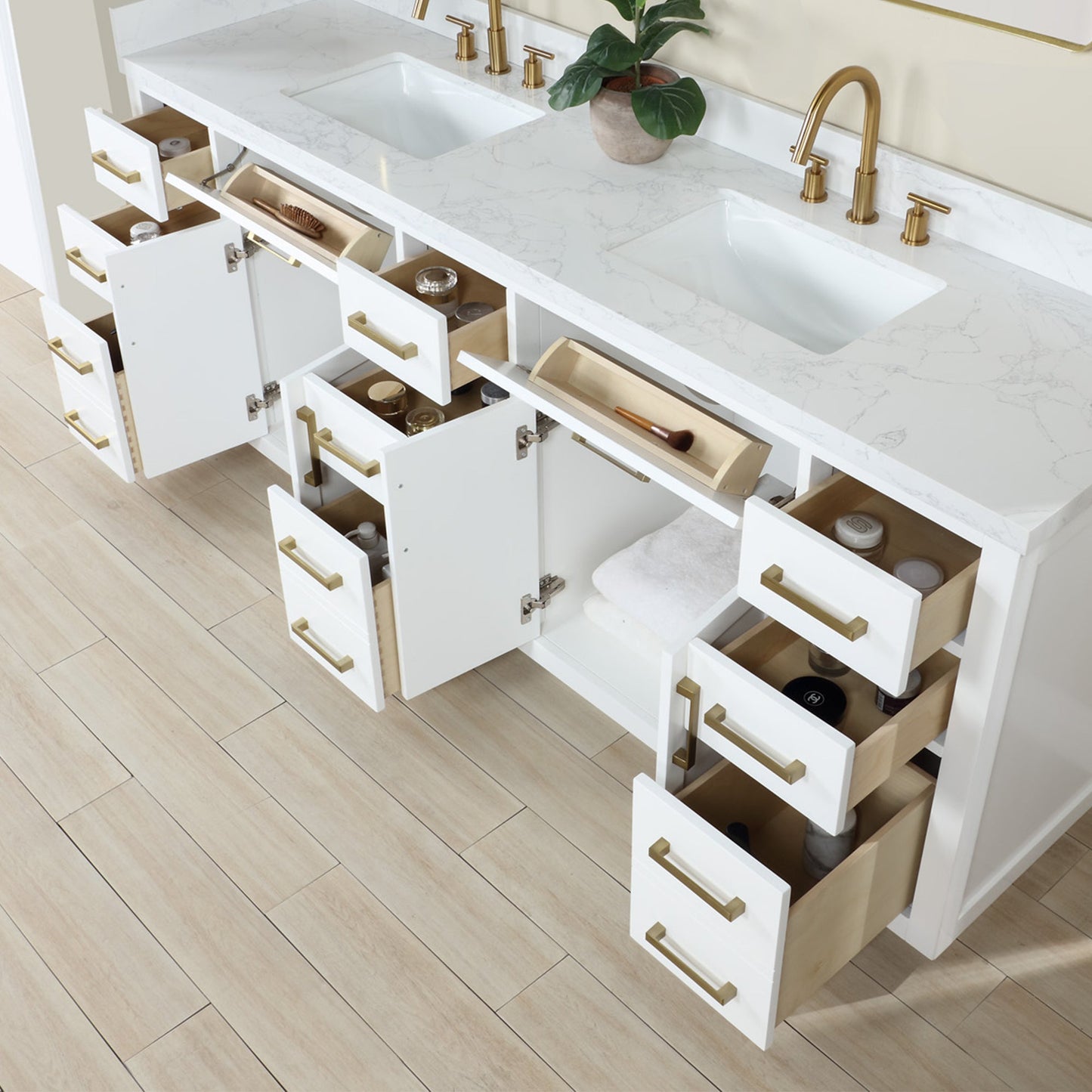 Gavino 84" Double Bathroom Vanity in White with Grain White Engineered Stone Countertop without Mirror
