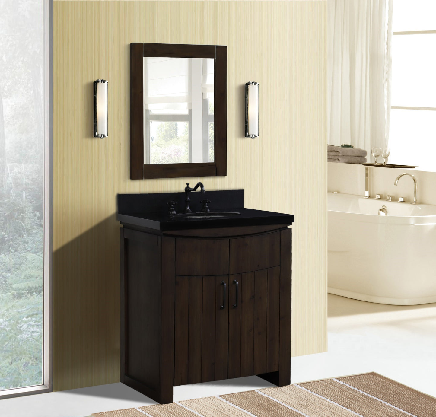 30" Single Sink Vanity Rustic Wood Finish in Black Granite Top