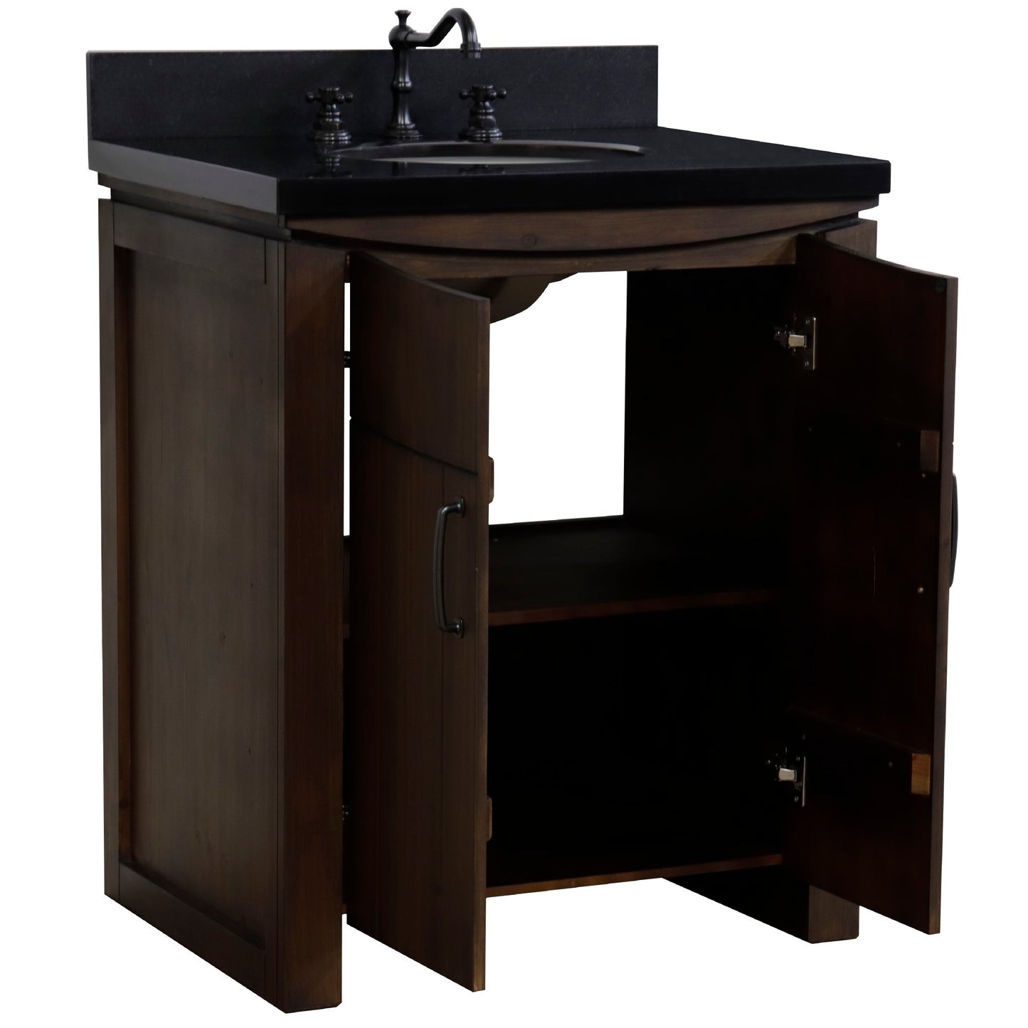 30" Single Sink Vanity Rustic Wood Finish in Black Granite Top