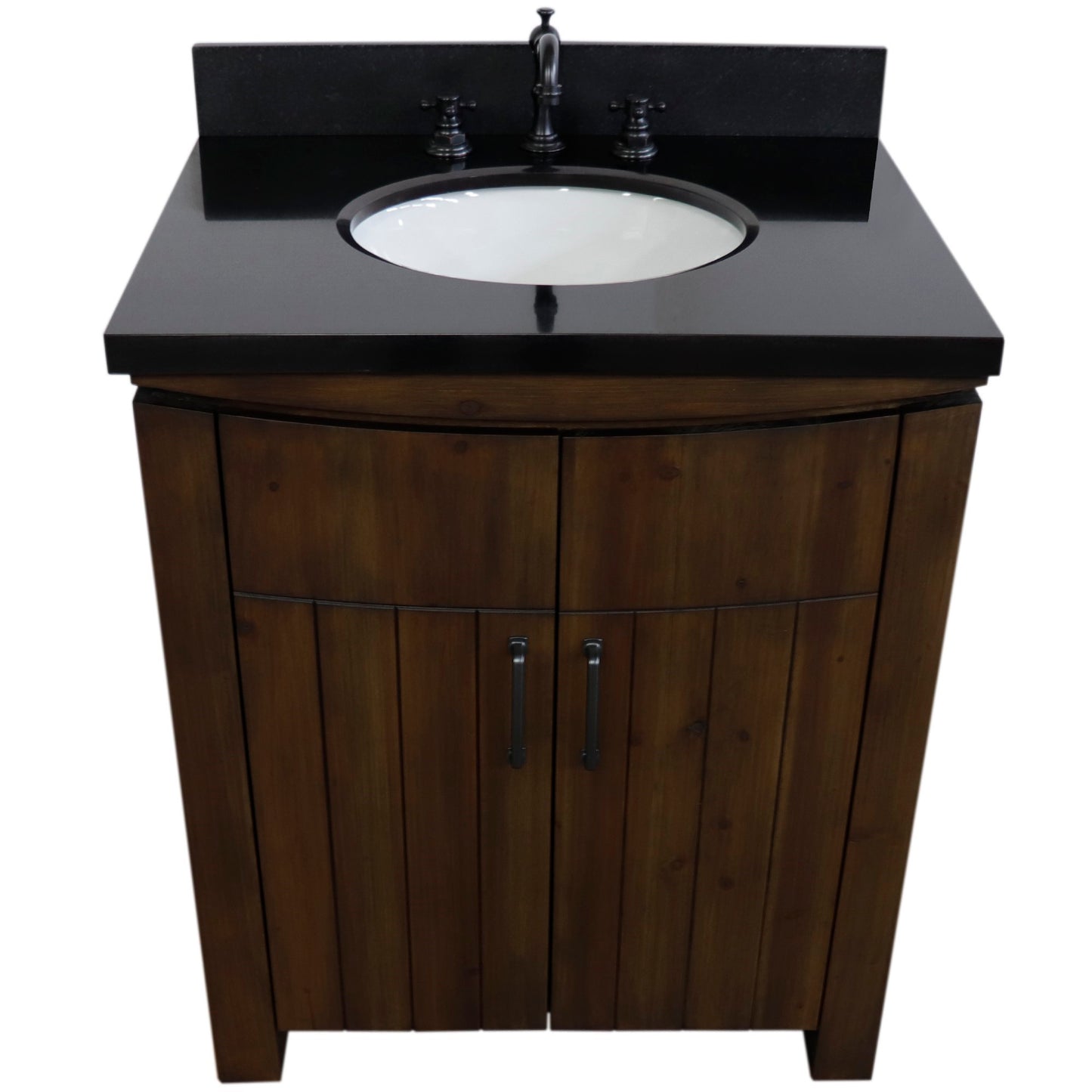 30" Single Sink Vanity Rustic Wood Finish in Black Granite Top