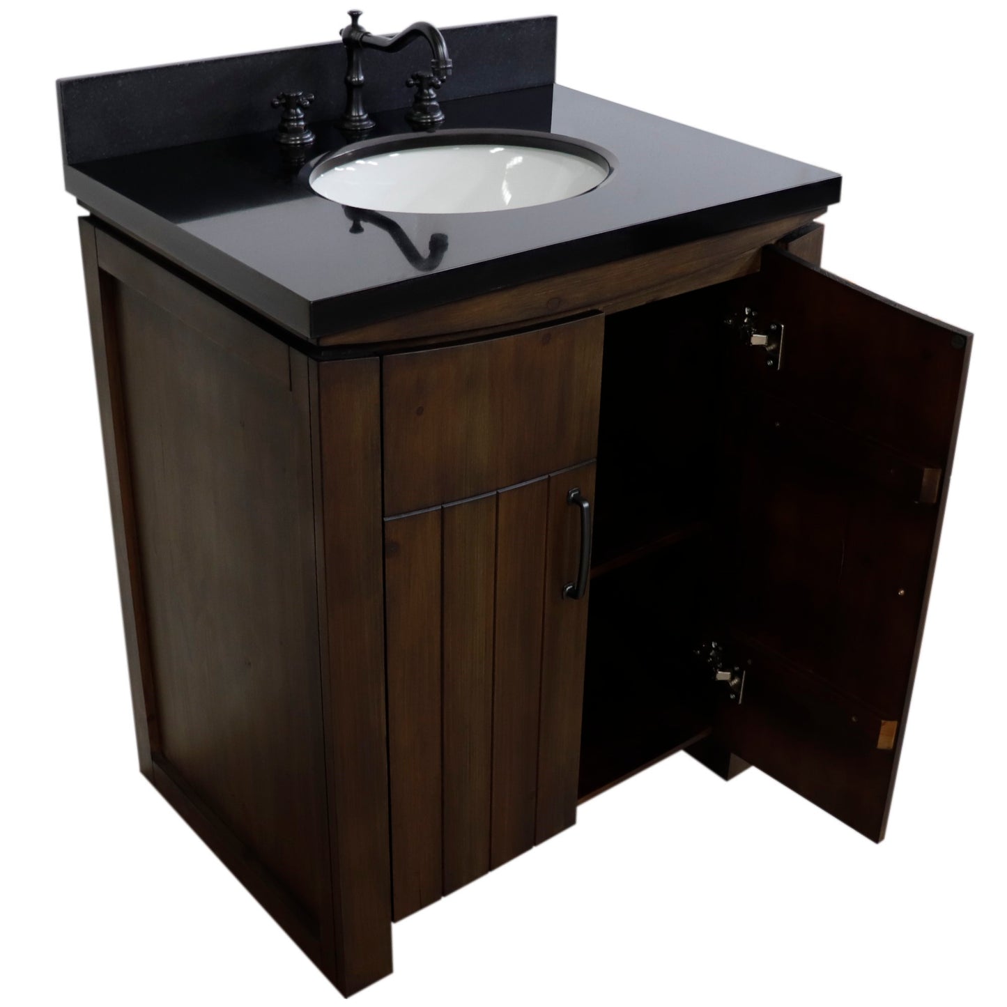 30" Single Sink Vanity Rustic Wood Finish in Black Granite Top