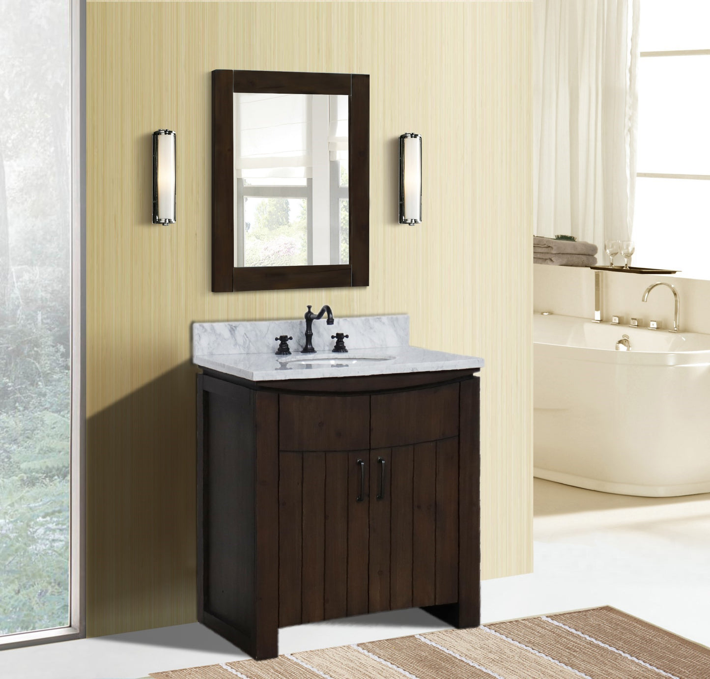 30" Single Sink Vanity Rustic Wood Finish in White marble Top