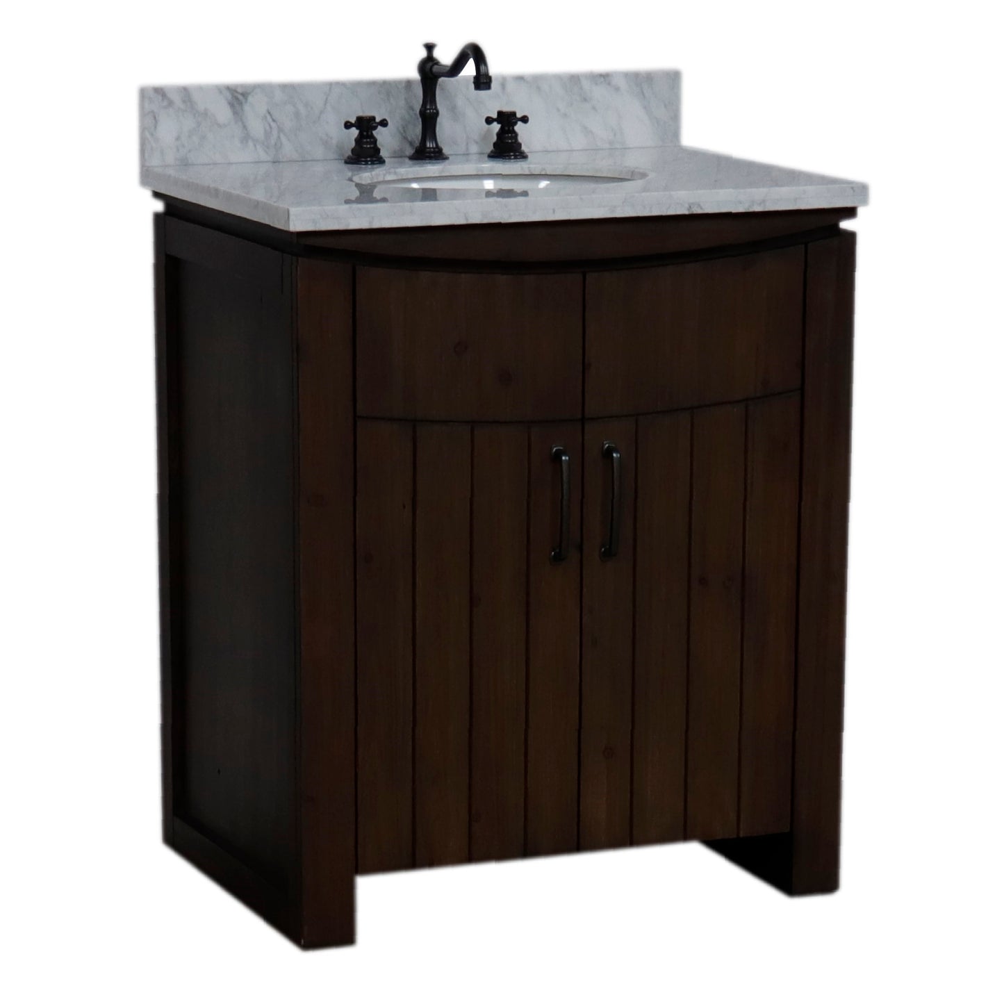 30" Single Sink Vanity Rustic Wood Finish in White marble Top