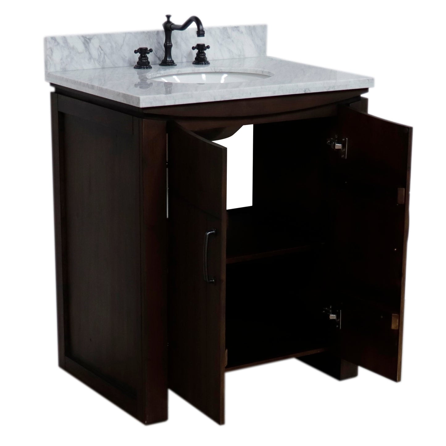 30" Single Sink Vanity Rustic Wood Finish in White marble Top