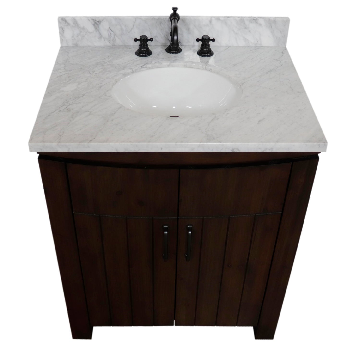 30" Single Sink Vanity Rustic Wood Finish in White marble Top