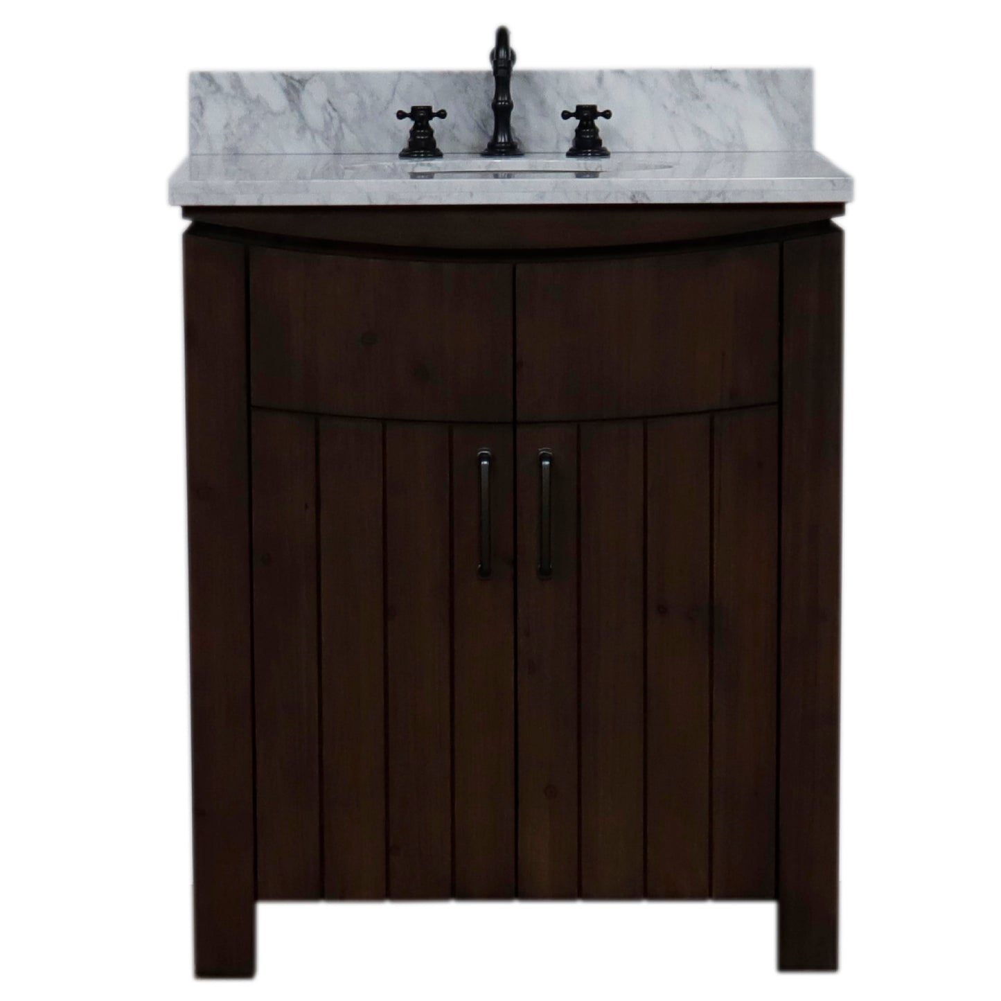30" Single Sink Vanity Rustic Wood Finish in White marble Top