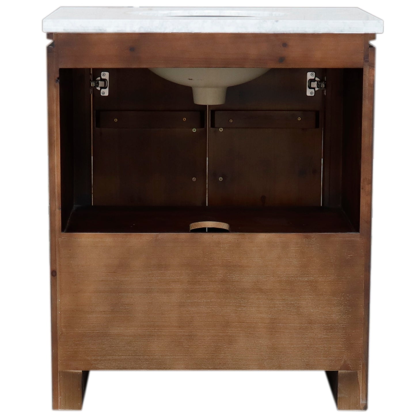 30" Single Sink Vanity Rustic Wood Finish in White marble Top