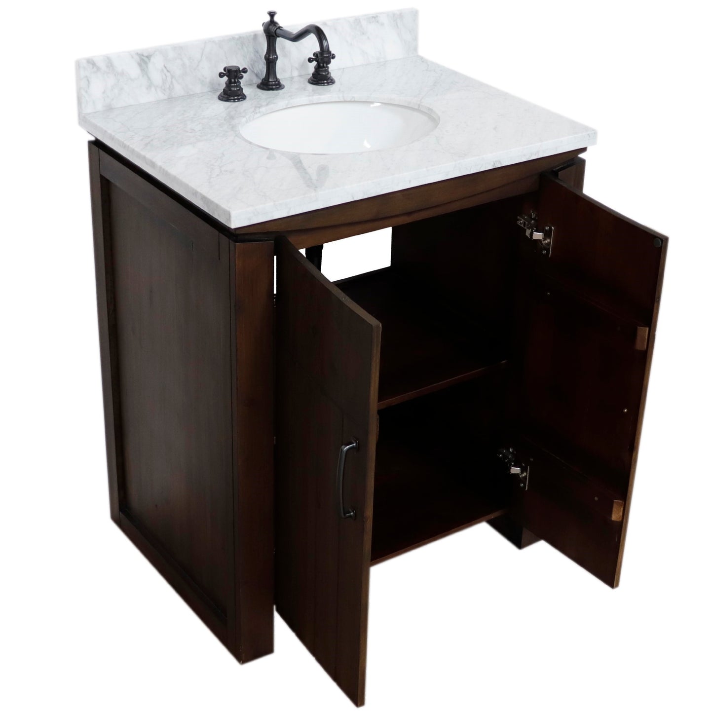 30" Single Sink Vanity Rustic Wood Finish in White marble Top