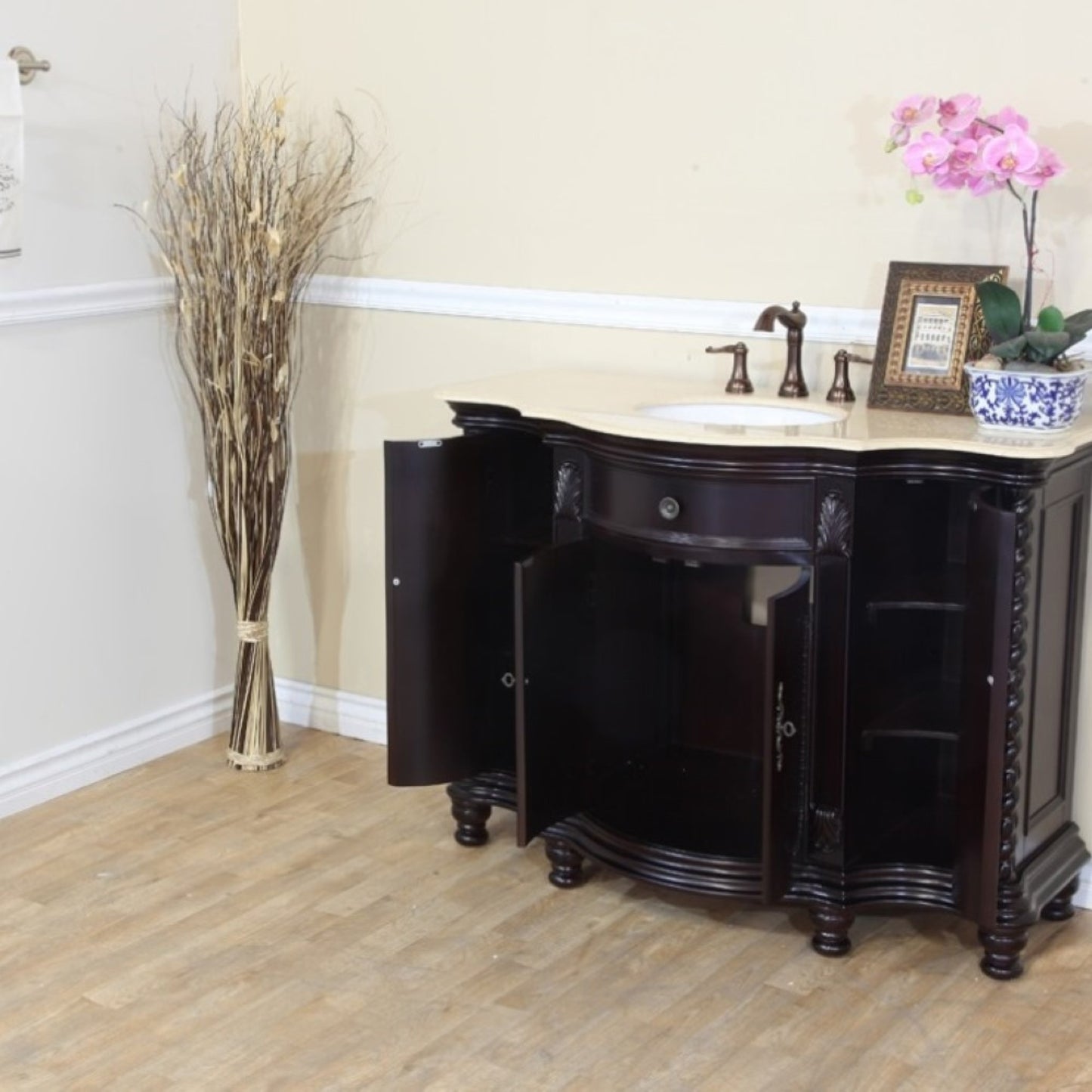 48" Single sink vanity wood dark mahogany creama marfil