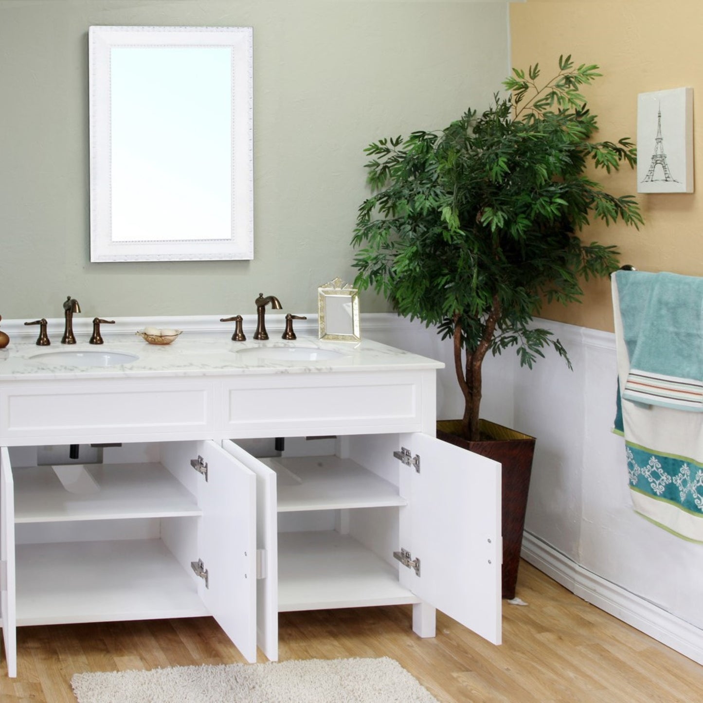 60" Double sink vanity wood white