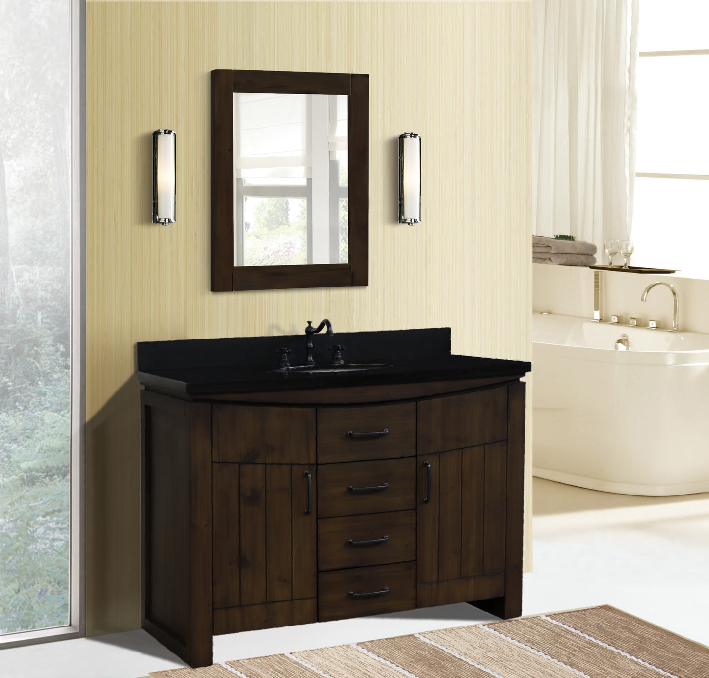48" Single Sink Vanity Rustic Wood Finish in Black Granite Top