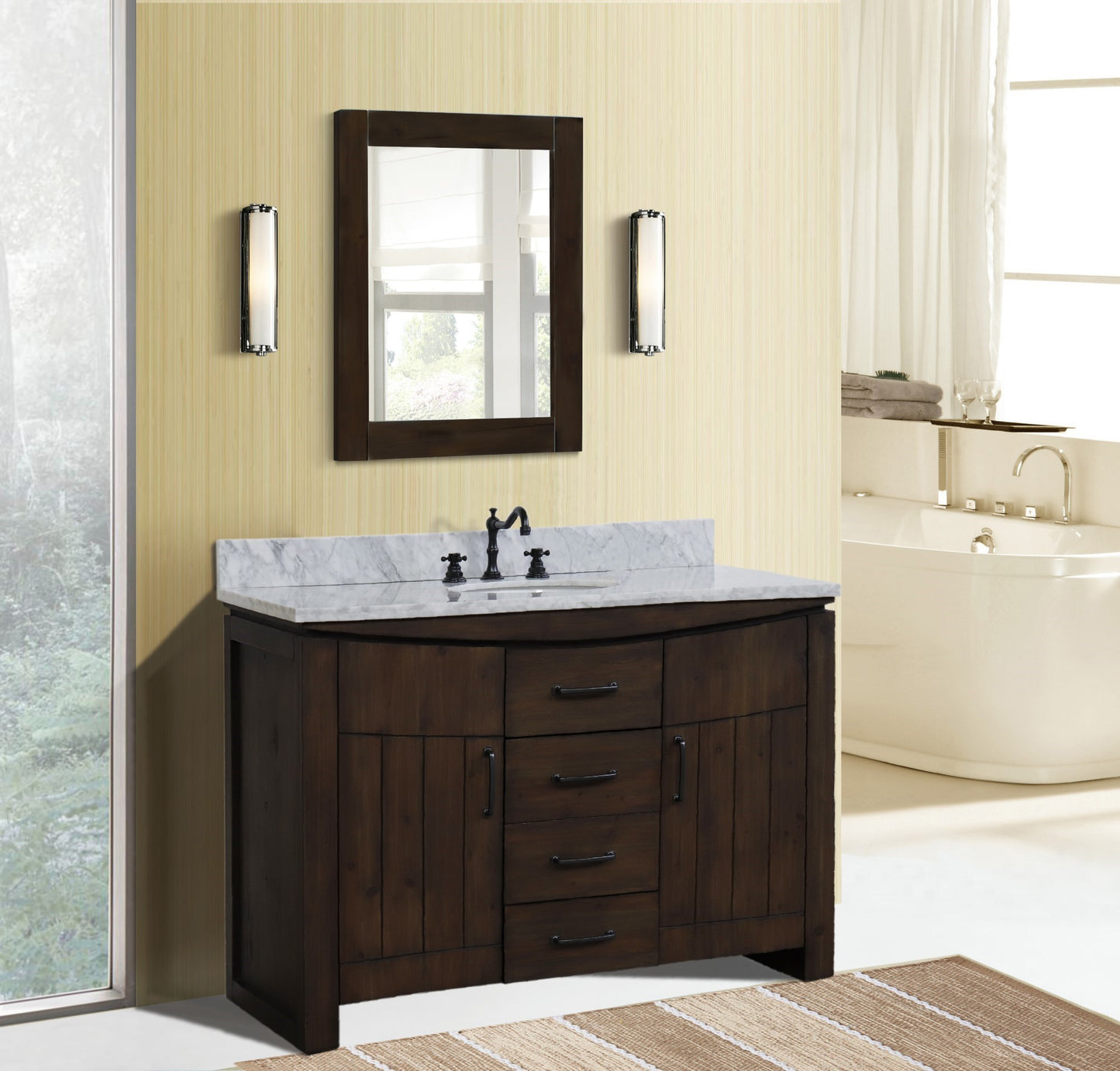48" Single Sink Vanity Rustic Wood Finish in White marble Top
