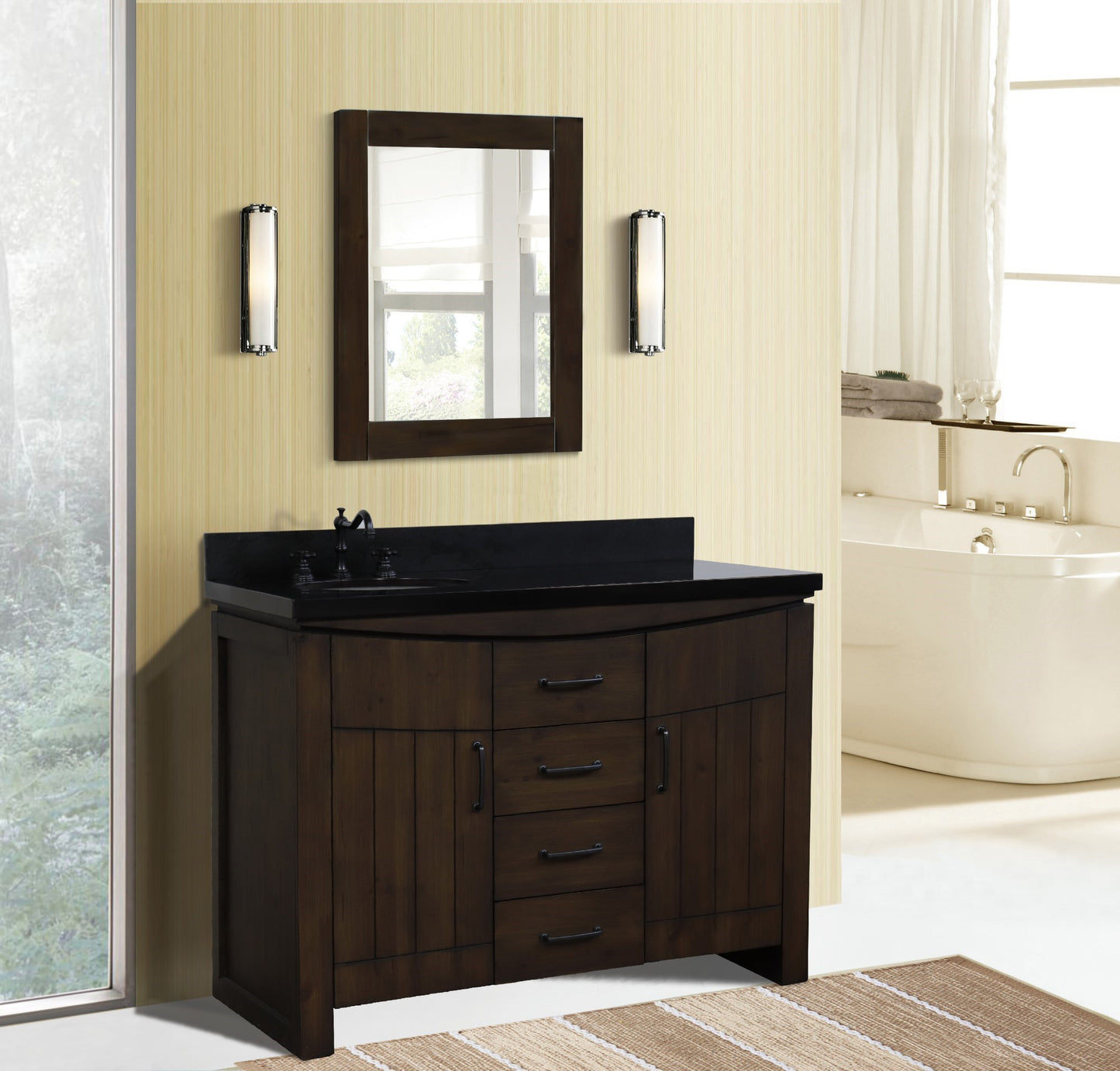 48" Single Sink Vanity Rustic Wood Finish in Black Granite Top