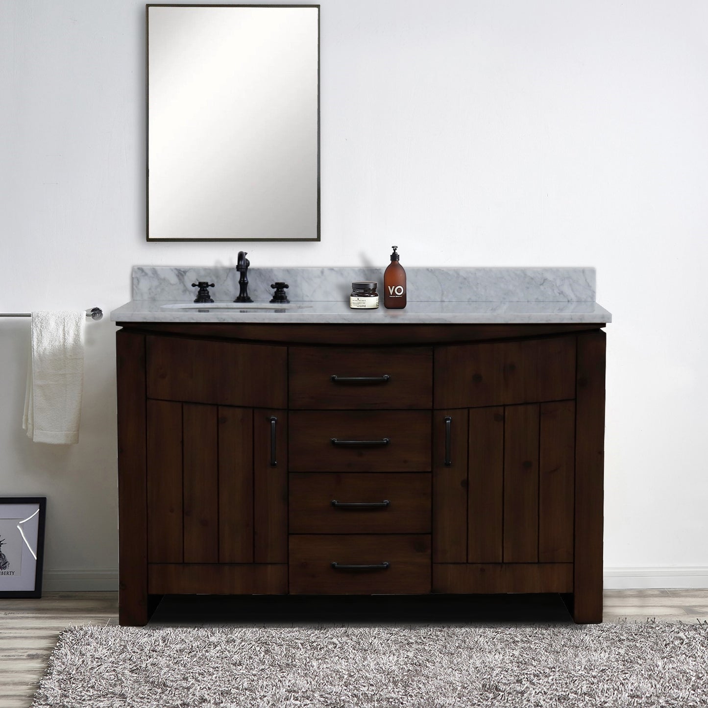 48" Single Sink Vanity Rustic Wood Finish in White marble Top