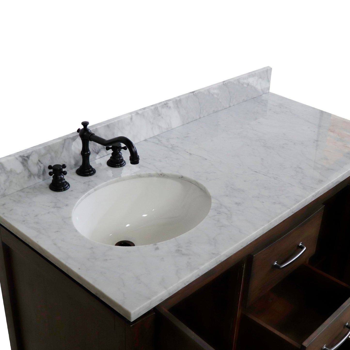 48" Single Sink Vanity Rustic Wood Finish in White marble Top