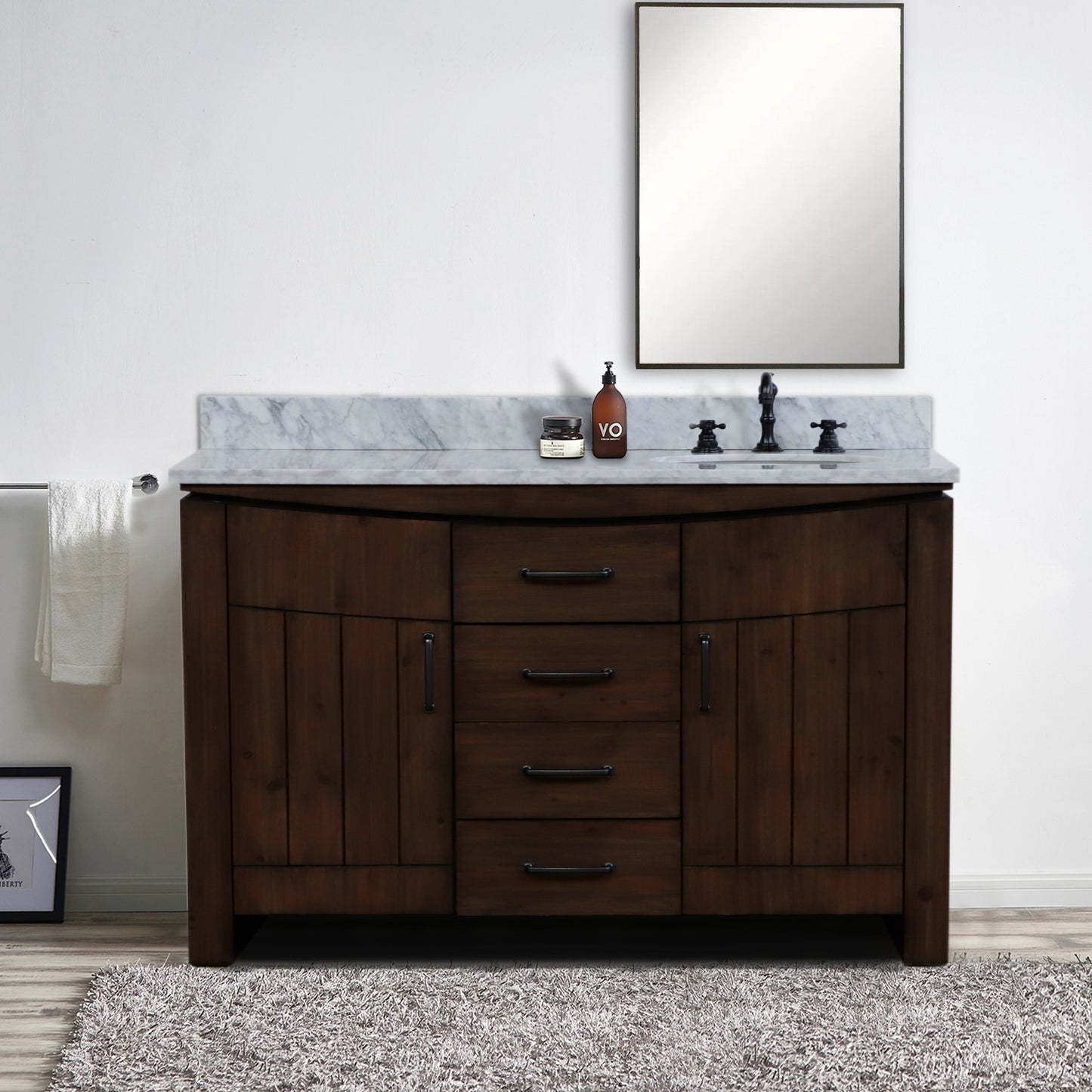 48" Single Sink Vanity Rustic Wood Finish in White marble Top