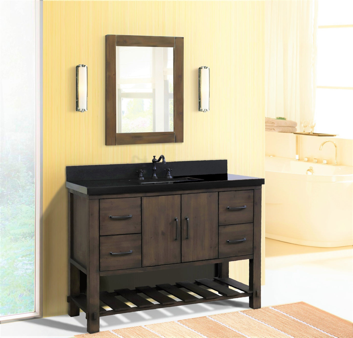48" Single Sink Vanity Rustic Wood Finish in Black Granite Top