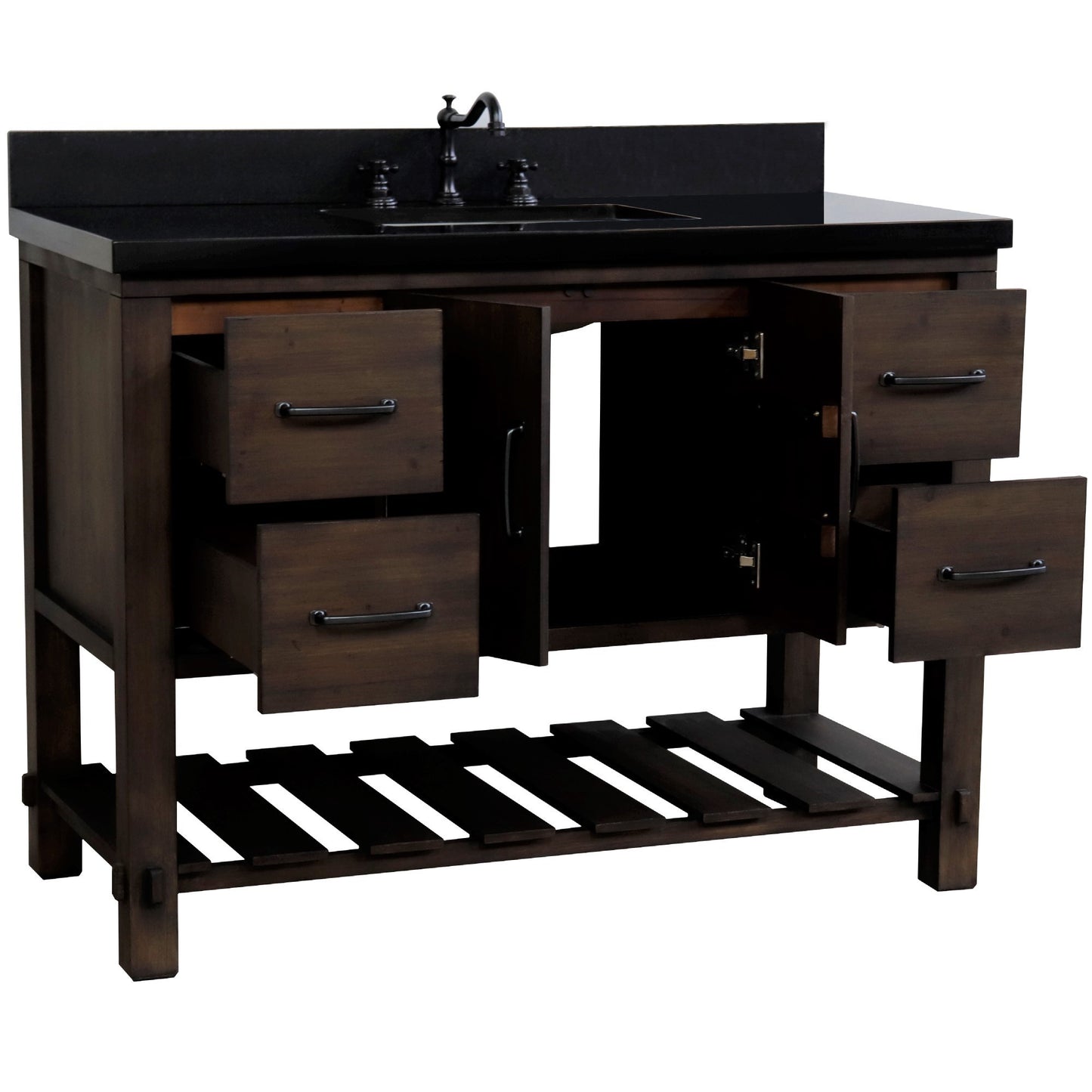 48" Single Sink Vanity Rustic Wood Finish in Black Granite Top