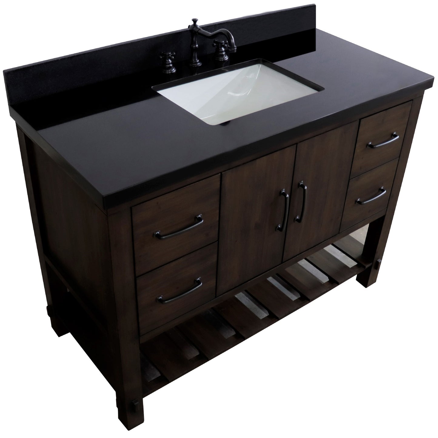 48" Single Sink Vanity Rustic Wood Finish in Black Granite Top