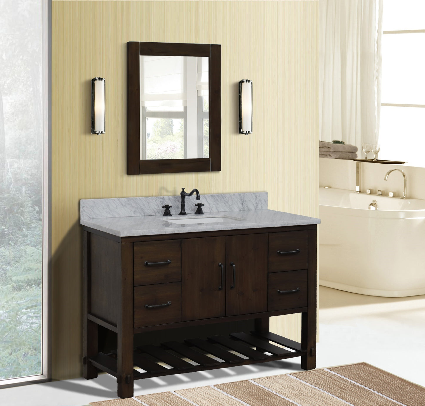 48" Single Sink Vanity Rustic Wood Finish in White marble Top