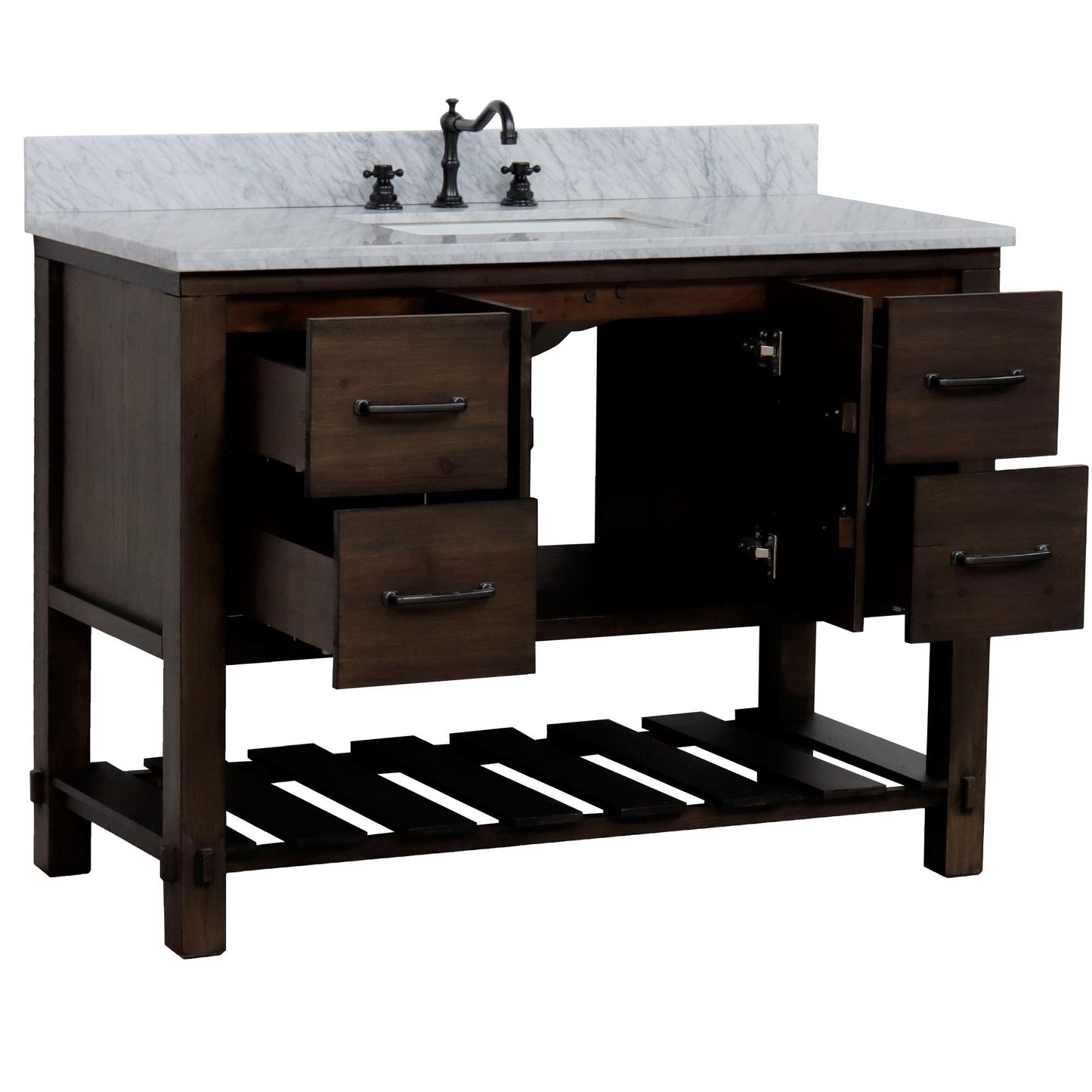 48" Single Sink Vanity Rustic Wood Finish in White marble Top