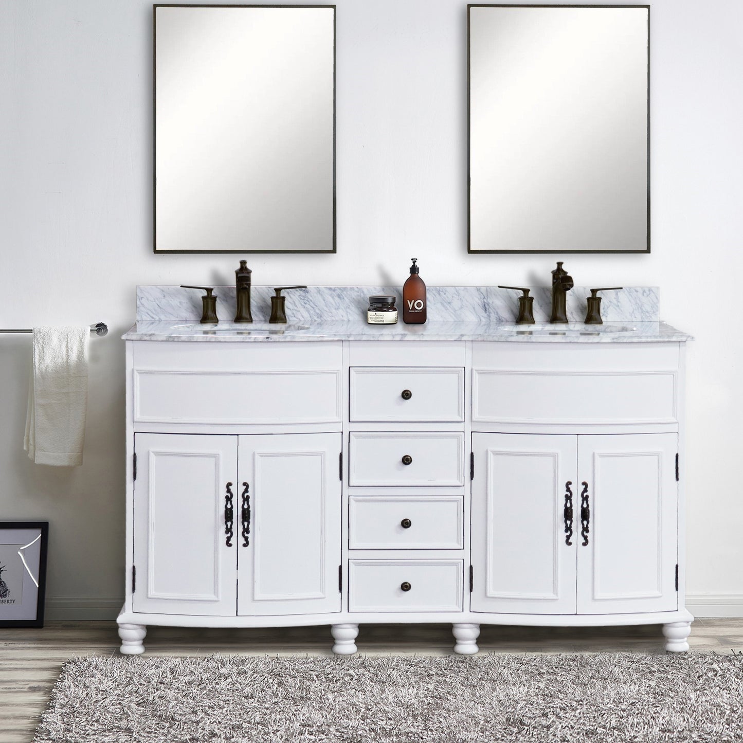 62" Double sink vanity Antique White finish in White Marble top