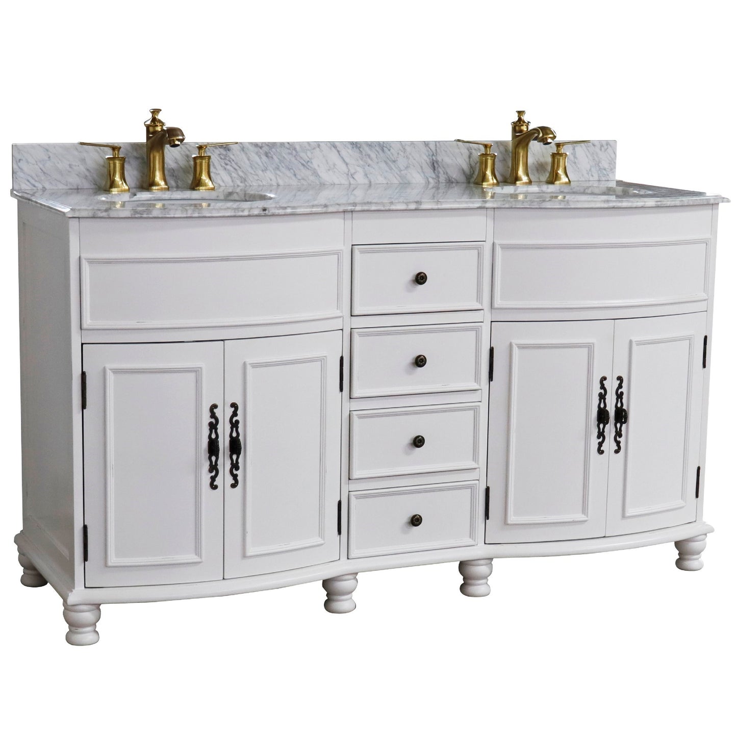 62" Double sink vanity Antique White finish in White Marble top